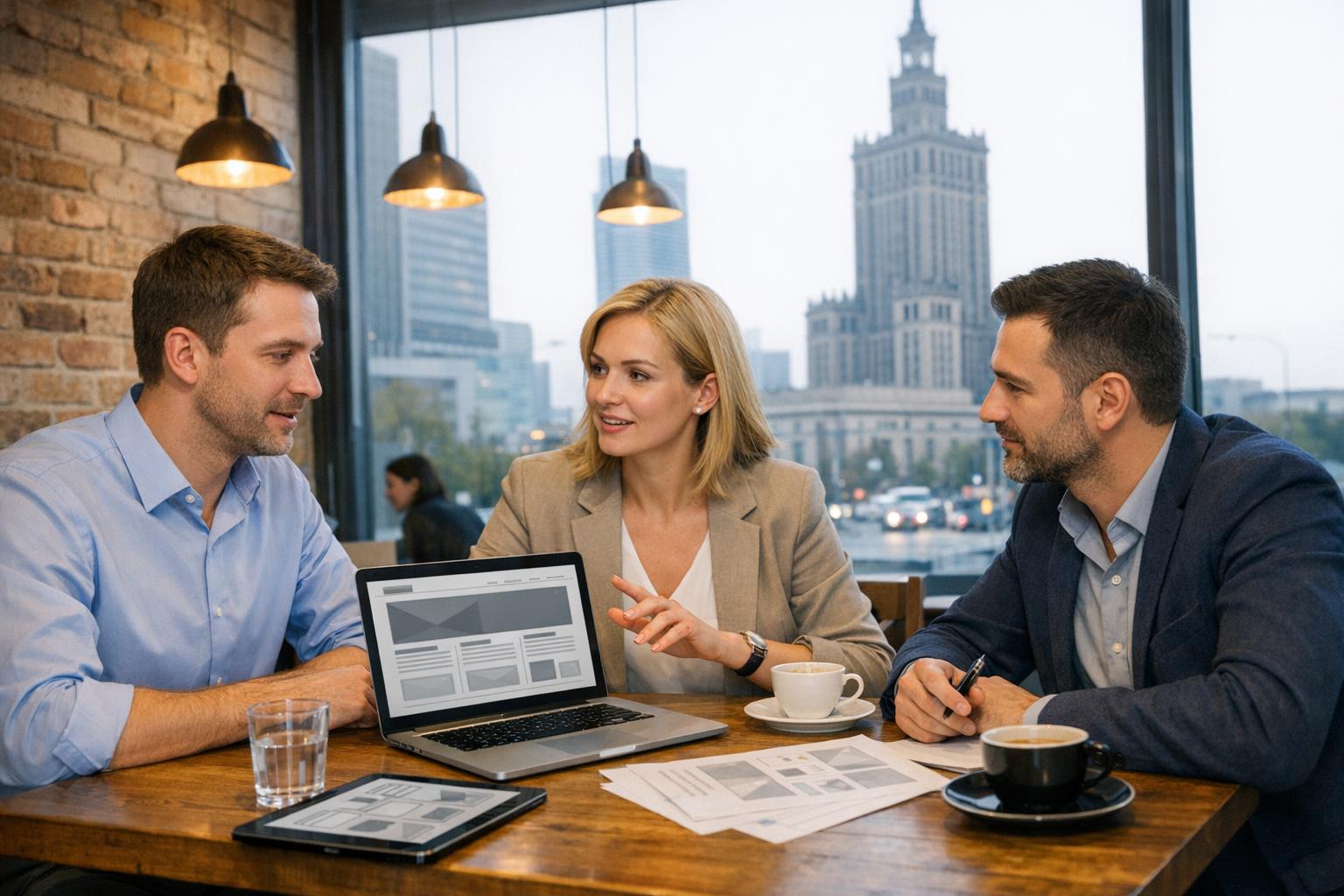 opis zdjęcia: spotkanie biznesowe w kawiarni w Warszawie, dyskusja o projekcie strony